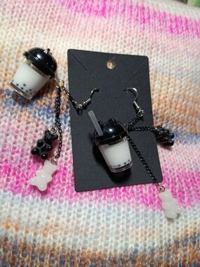 Boba Bubble Tea Dangle Earrings Gummy Bear Charms Black White Asian K-Pop J-Pop